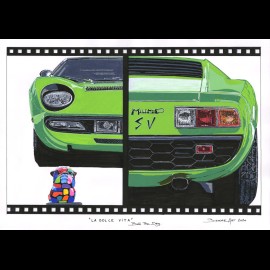 Lamborghini Miura "Dolce Vita" Bull the Dog Reproduktion eines Originalgemäldes von Bixhope Art