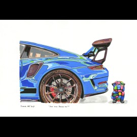 Porsche 911 GT3 RS Shark Blue "Dogs loves Porsche too" Bull the Dog Reproduction of an original painting by Bixhope Art