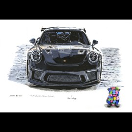 Porsche 911 GT3 RS Schwarz "Winter Games, Black Sledge" Bull the Dog Reproduktion eines Originalgemäldes von Bixhope Art