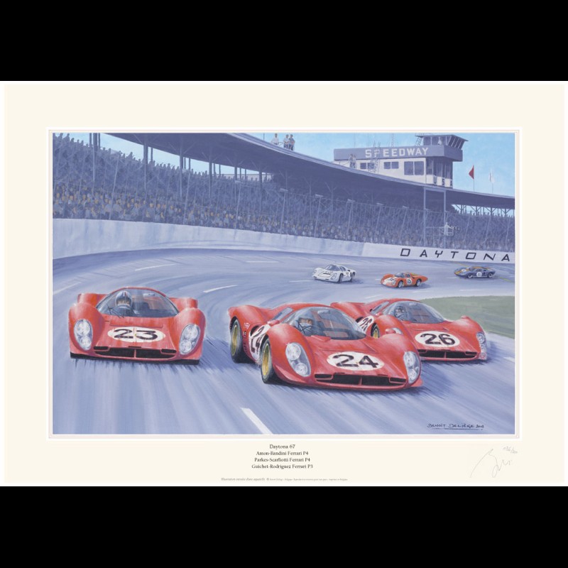 Poster Trio Ferrari 330P n° 23 & n° 24 / Ferrari 412P n° 26 24h Daytona 1967 " Daytona 67 " von Benoît Deliège