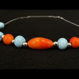 Gulf Racing Inspiration Necklace Sebring glass beads with silver chain - Sue Corfield