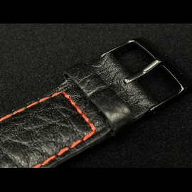 Watch Band Grained Leather Black / Red Stitching - Black steel buckle