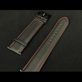 Watch Band Smooth Leather Black / Red Stitching - Black steel buckle