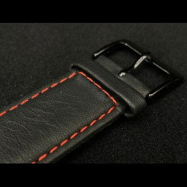 Uhrenarmband Glatt Leder Schwarz / Rote Nähte - Schwarze Stahlschließe