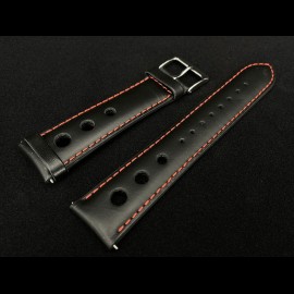 Uhrenarmband 3-Löcher Leder Schwarz / Rote Nähte - Stahlschließe