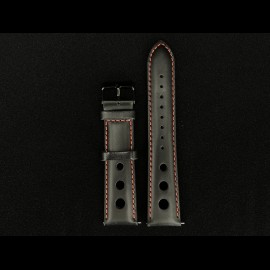 Uhrenarmband 3-Löcher Leder Schwarz / Rote Nähte - Schwarze Stahlschließe
