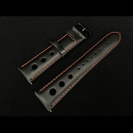 Watch Band 3 Holes Leather Black / Red Stitching - Black steel buckle