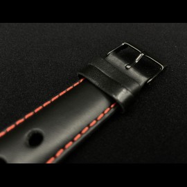 Uhrenarmband 3-Löcher Leder Schwarz / Rote Nähte - Schwarze Stahlschließe