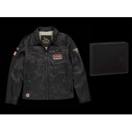 Duo Lederjacke Steve McQueen 24H Du Mans Lewis Schwarz + Porsche Geldbörse schwarze Leder Wappen WAP0300310K