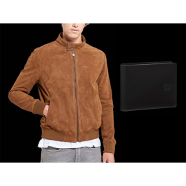 Duo Steve McQueen Jacke Wildleder Cognac Hero Seven + Porsche Geldbörse schwarze Leder Wappen WAP0300310K