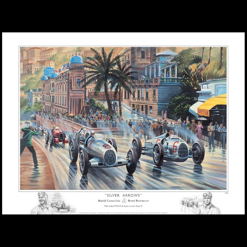 Poster "Silver Arrows" Caracciola Rosemeyer GP Monaco 1936 Originalzeichnung von Benjamin Freudenthal