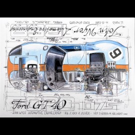 Ford GT40 Mk II JWA Gulf n° 6 24h Le Mans 1969 Shelby American﻿ original drawing by Sébastien Sauvadet