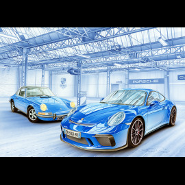 Porsche Postkarte Porsche 911 G & Porsche 991 Blaue Garage François Bruère - CP208