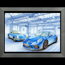 Porsche Poster 911 G & Porsche 991 Blaue Garage Aluminium Rahmen François Bruère - VA156