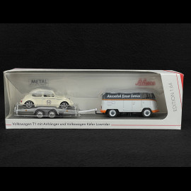 Volkswagen Bulli Transporter T1b mit Herbie auf Anhänger Elfenbein / Grau 1/64 Schuco 452033400