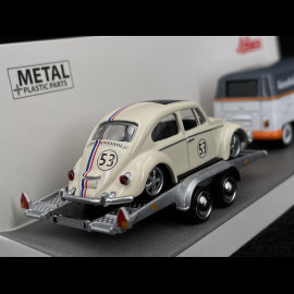 Volkswagen Bulli Transporter T1b mit Herbie auf Anhänger Elfenbein / Grau 1/64 Schuco 452033400