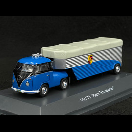 Porsche Renntransporter Volkswagen VW T1 Transporteur Rennwagen Blue / Silber 1/64 Schuco 452001500