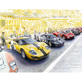 Trio Ford GT40 & Duo Ferrari 330P3 24h Le Mans 1966 40 x 50 cm Silbere Rahmen Limitierte Auflage Uli Ehret - 0603