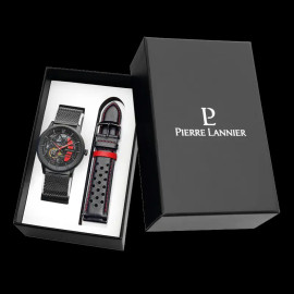 Set Automatic Watch Pierre Lannier Paddock Made in France Leather or Metal bracelet Black / Red 385C439