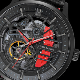 Set Automatic Watch Pierre Lannier Paddock Made in France Leather or Metal bracelet Black / Red 385C439