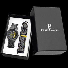 Set Automatic Watch Pierre Lannier Paddock Made in France Leather or Metal bracelet Black / Yellow 385C449