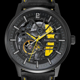 Set Automatic Watch Pierre Lannier Paddock Made in France Leather or Metal bracelet Black / Yellow 385C449