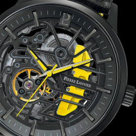 Set Automatic Watch Pierre Lannier Paddock Made in France Leather or Metal bracelet Black / Yellow 385C449