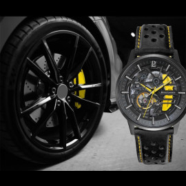 Set Automatic Watch Pierre Lannier Paddock Made in France Leather or Metal bracelet Black / Yellow 385C449