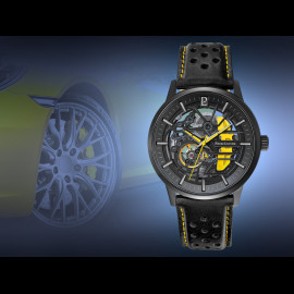 Set Automatic Watch Pierre Lannier Paddock Made in France Leather or Metal bracelet Black / Yellow 385C449