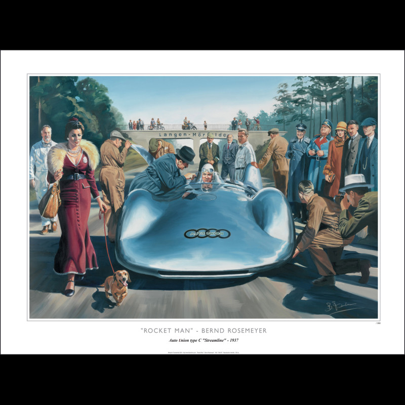 Poster Auto-Union V16 Stromlinienwagen Bernd Rosemeyer 1937 Original Zeichnung von Benjamin Freudenthal