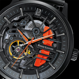 Pierre Lannier Automatikuhr Paddock Hergestellt in Frankreich Metallarmband Schwarz / Orange 338A459