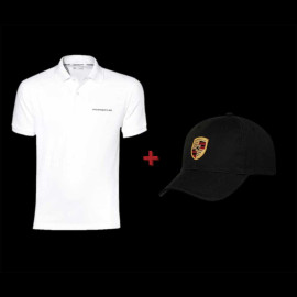 Duo Porsche Polo-shirt classic Weiß + Porsche Cap Wappen Schwarz