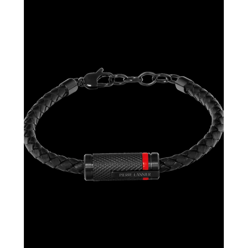 Paddock Bracelet Black / Red Plaited Leather Made in France Pierre Lannier BJ40A1551