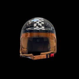 Helmet Glossy black with black and white chequered pattern – Beige leather reinforcement