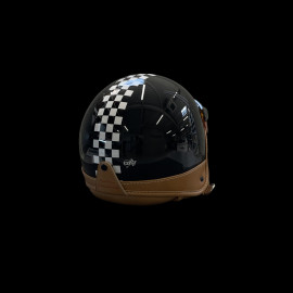 Helmet Glossy black with black and white chequered pattern – Beige leather reinforcement