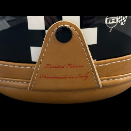 Helmet Glossy black with black and white chequered pattern – Beige leather reinforcement