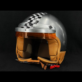 Grey helmet with brushed steel effect and White Checkerboard - Beige Leather Reinforcement