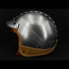 Grey helmet with brushed steel effect and White Checkerboard - Beige Leather Reinforcement