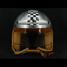 Grey helmet with brushed steel effect and White Checkerboard - Beige Leather Reinforcement