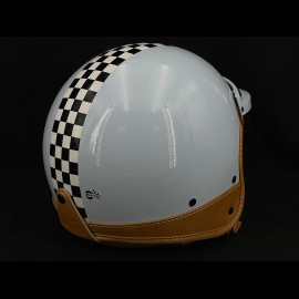 Helm Vintage in Himmelsblau mit schwarz-weißem Schachbrettmuster – Verstärkung aus beigem Leder