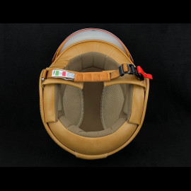 Helm Vintage in Himmelsblau mit schwarz-weißem Schachbrettmuster – Verstärkung aus beigem Leder
