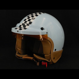 Helmet Vintage Sky blue with black and white chequered pattern – Beige leather reinforcement