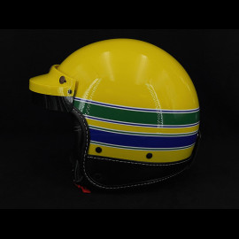 Ayrton SENNA Inspiration Helmet Yellow with Blue and Green Stripes - Black Leather Reinforcement