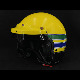 Ayrton SENNA Inspiration Helmet Yellow with Blue and Green Stripes - Black Leather Reinforcement
