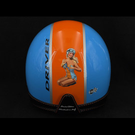 PIN UP Driver Helmet in Cobalt Blue with orange stripe – Black and orange leather reinforcement