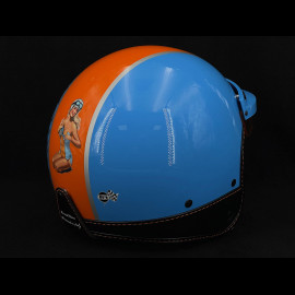 PIN UP Driver Helmet in Cobalt Blue with orange stripe – Black and orange leather reinforcement