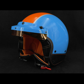 PIN UP Driver Helmet in Cobalt Blue with orange stripe – Black and orange leather reinforcement