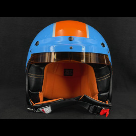 PIN UP Driver Helm Blauer in Kobaltblau mit orangefarbenem Streifen – Verstärkung aus schwarzem und orangem Leder