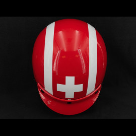 Joseph Siffert Signature Red helmet with white stripes and cross – Black and red leather reinforcement