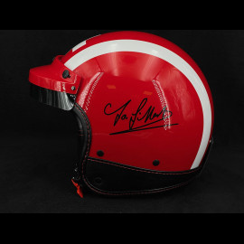 Joseph Siffert Signature Red helmet with white stripes and cross – Black and red leather reinforcement